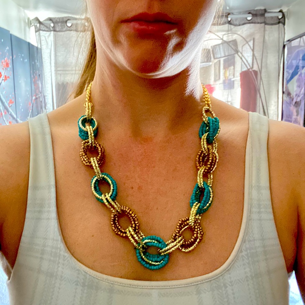 Gold, turquoise, bronze beaded chunky necklace